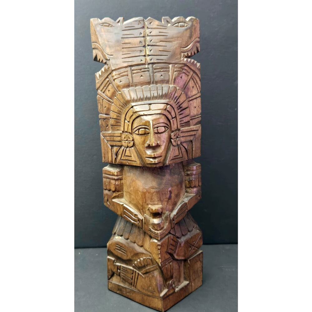 Aztek Or Mesoamerican Art Wooden Hand-Carved Totem Stelae Style Sculpture Unique